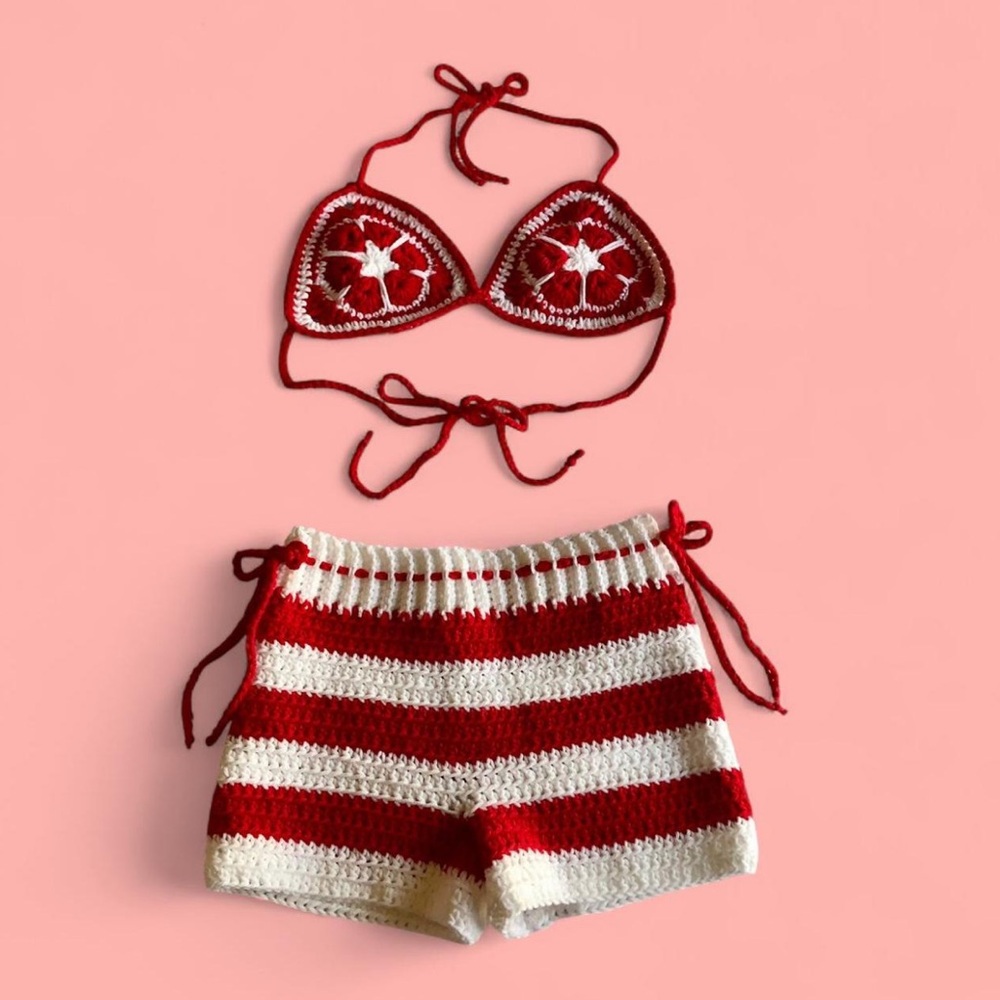 crochet red and white african flower bikini top and shorts set HANDMADE